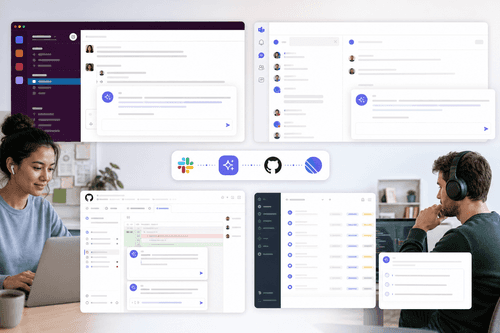 Slack mention of @Stilla expands into an execution pane that drafts tickets, updates statuses, and opens GitHub PRs, with context, permissions, and audit trails synchronized across connected tools.