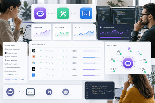 Agent selects a tool from Monid’s registry, evaluates ranked candidates, and invokes the chosen provider through a unified runtime while Monid meters usage and bills a single shared balance across frameworks.