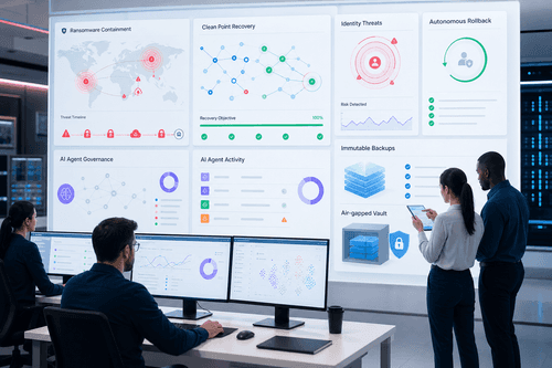 Unified console displaying protected assets, sensitive data maps, identity risk alerts, AI agent activity logs, and automated recovery workflows spanning cloud accounts, SaaS tenants, databases, virtual infrastructure, and directory services.
