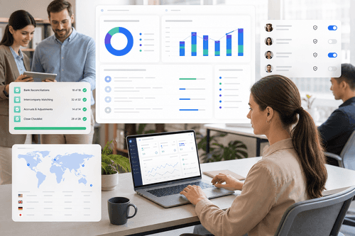 Rillet workspace with Aura AI exceptions queue, reconciled bank transactions, ASC 606 schedules, and multi-entity dashboards, including drill-through links to Salesforce and Snowflake sources for transparent provenance and audit-ready traceability.