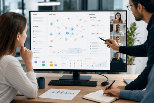 Explorador de Conocimiento con entidades, relaciones y validez temporal, además de auditorías de decisiones y atribuciones de fuentes. El recorrido del grafo y los aciertos vectoriales impulsan respuestas fundamentadas mientras los paneles de linaje muestran detalles W3C PROV-O.