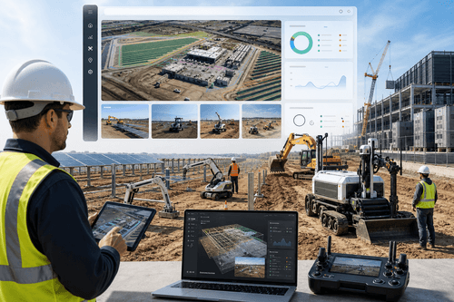 Consola de flota mostrando colas de tareas, estado por robot y progreso en vivo sobre planos del sitio, con configuraciones de autonomía supervisada y límites de seguridad visibles para coordinar equipos humanos y robóticos en un proyecto a gran escala.