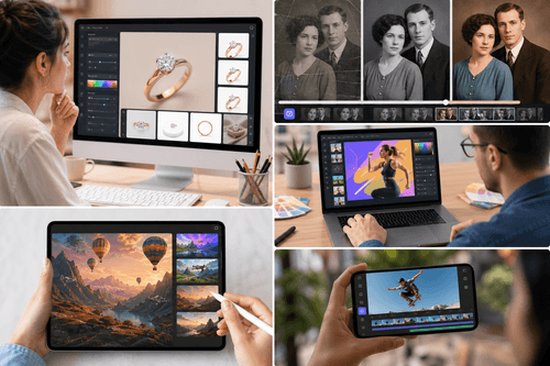 Editor web mostrando ajustes em camadas, IA para aprimoramento, ferramentas de remoção e substituição de fundo no painel lateral direito, com pré-visualização em tempo real e predefinições de exportação para PNG, JPG e proporções específicas para redes sociais.