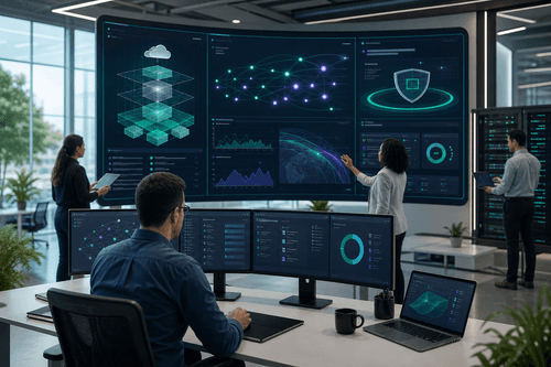 Consola GreenLake mostrando clústeres Private Cloud AI, topología de red Aruba y Juniper, insights de Marvis y estado de políticas SASE, con paneles de telemetría y costos unificados en edge, centro de datos y fábricas de IA.