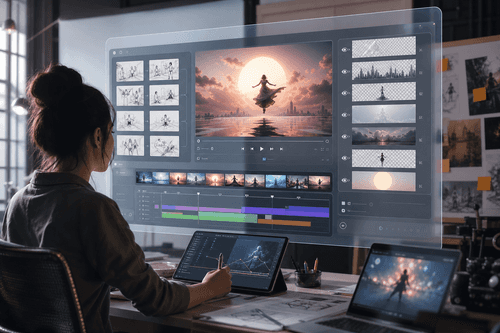 Capture d’écran du studio Web montrant une grille de storyboard, des commandes de séparation des calques, une timeline d’images clés et des préréglages d’export pour des séquences vidéo assemblées.