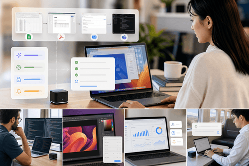 Violoop se place entre votre ordinateur et votre écran, capture la vidéo HDMI, interprète le contexte localement et émet les entrées USB-HID approuvées via un MCU de sécurité avec une touche de confirmation physique.