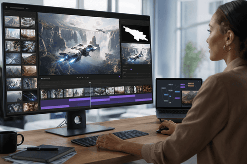 Una línea de tiempo en el navegador muestra tomas generadas, capas de máscara y controles de énfasis de movimiento junto con la configuración de indicación, semilla y estilo para una iteración rápida y comparación lado a lado antes de la exportación final.