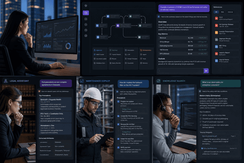 Visual workflow canvas showing ingestion, retrieval, re-ranking, and agent nodes connected to MCP tools, with execution logs and grounded snippets previewed alongside dataset versions and configuration controls.