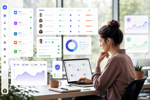 Sequence editor with email, LinkedIn, call, WhatsApp, and SMS steps, AI-suggested copy blocks, intent triggers, and a deliverability dashboard summarizing domain health and warm-up status across connected mailboxes.