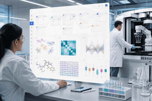 A schematic interface showing model-driven experiment proposals, automated execution queues, and result analytics panels used to prioritize next-step research actions.