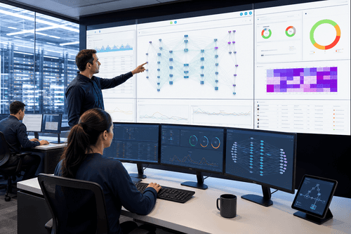 CloudVision orchestrates AI fabric and campus networks with topology, policy, change control, and telemetry dashboards unified across EOS-based switching, Wi‑Fi, and edge routing.