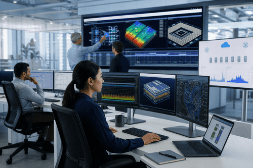 Conceptual flow showing RTL to GDS signoff, AI-driven verification dashboards, 3D IC stacking with thermal maps, and elastic cloud orchestration managing batch regressions, emulation, and packaging analysis across a unified Siemens EDA environment.