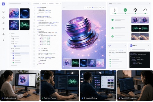 An editor sidebar shows CLI commands and diagnostics while a canvas preview renders the same WGSL effect; a test view compares headless snapshots against a stored baseline to validate CI rendering behavior.