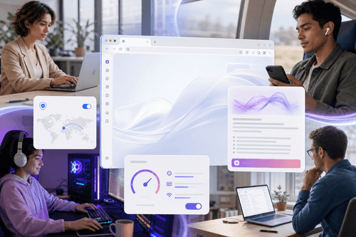 Interface mock shows Opera One with the AI sidebar active, Tab Islands grouped on the tab bar, a visible VPN badge, and a compact messenger panel for cross-device sharing.
