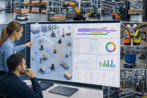 Control plane shows a live digital twin of the warehouse, mixed‑vendor robot fleet status, prioritized tasks, human-assist prompts, and throughput KPIs, with real-time orchestration reshaping routes, picks, and allocations across workflows.