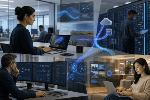 Reference architecture linking servers, storage, and networking delivering AI training and inference across edge, core, and cloud, governed by AIOps dashboards showing health, performance baselines, capacity, and fleet telemetry for proactive interventions.