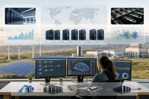 Architecture view of IREN’s renewable-backed campuses with grid connections, dedicated GPU clusters, and secure data halls across Texas, British Columbia, Oklahoma, and South Australia, illustrating scalable capacity and 24/7 operations supporting training and inference.
