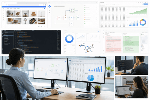 Astra controlling a browser and IDE to update a CRM record, generate a spreadsheet summary, run tests, and commit changes with clear diffs and human-review checkpoints.