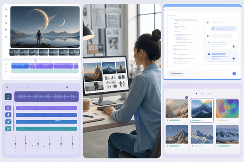 Google Labs 顯示實驗卡片,包含描述、狀態及啟動或等候名單操作。開啟卡片後呈現專注編輯器,具備故事、音樂、介面、程式碼或研究摘要的提示、控制與輸出。