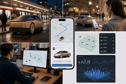Consola conceptual de operaciones que muestra el estado de la flota, colas de despacho, salud de vehículos, disponibilidad de carga y telemetría de viajes, junto con la vista de la aplicación para usuarios para reservar, ver ETA, previsualizar ruta, compartir y controles de seguridad.