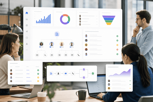 GTM Studio muestra un lienzo de flujo de trabajo para enriquecimiento, enrutamiento y sincronización con CRM, junto a un perfil de cuenta con temas de intención, organigrama, roles de contacto y acciones con un clic para enviar secuencias a Salesforce o Outreach.