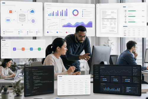 Vista de consola que muestra un proyecto con bases de datos, buckets de almacenamiento de objetos, puntos finales de servicios de IA y un servicio en contenedor desplegado, junto a paneles y políticas que regulan el acceso, cifrado y límites de red en los diferentes entornos.