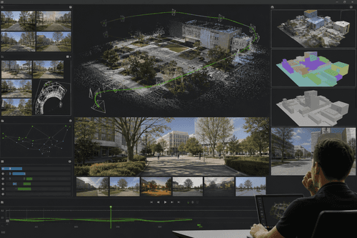 Lyra 2.0のGUIには3Dビューポート、カメラコントロール、軌跡タイムライン、サンプリングパラメータ、エクスポートオプションがあり、推論スクリプトが入力動画のバッチを処理するコンソールログと並んで表示されています。