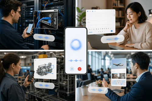 Microphone and camera stream to Gemini Live, which parses audio and frames, orchestrates background tool calls, and returns speech responses while progress updates flow to Workspace and partner platforms.