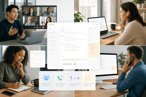 Granola desktop showing a pre‑meeting Brief, live transcription aligned with typed notes, and generated actions ready to share, with synced access on iOS, Android, and Apple Watch for follow‑ups.