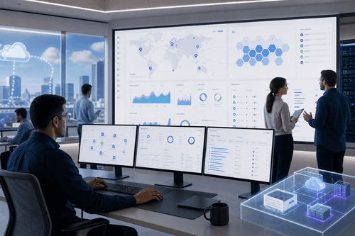 Prism and Nutanix Central show unified cluster health, capacity, and policy dashboards spanning AHV, Kubernetes, and AOS storage, with cost visibility and replication status across on‑prem, public cloud, and edge locations.