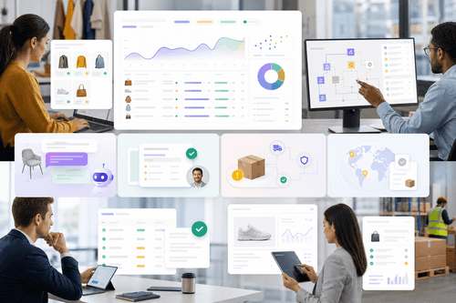 Diagram showing Sphere unifying product, pricing, and checkout services, with MosAIc governing AI agents executing merchandising, pricing, and fulfillment tasks, all supervised through Merchant Center across web, app, and in-store channels.