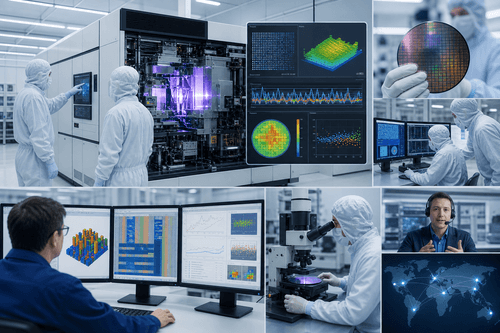 Architecture shows EUV or DUV light source, projection optics, reticle and wafer stages with metrology sensors, closed-loop control, and computational lithography feedback optimizing exposure recipes and process windows across multiple layers.