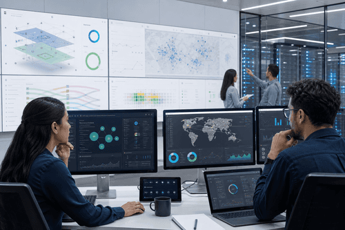 Dashboard view showing Cloud Control’s unified topology, policy status, segmentation maps, and AI workload telemetry, with Cisco IQ side panel providing real-time insights, recommendations, and guided automations across data center, campus, and edge.