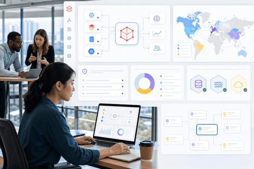 Architecture view: unified semantic layer above lakehouse, SaaS, APIs, and streaming, with centralized governance policies, caching and embedded MPP acceleration, lineage, and a self-service marketplace exposing reusable, zero-copy data products to tools and agents.