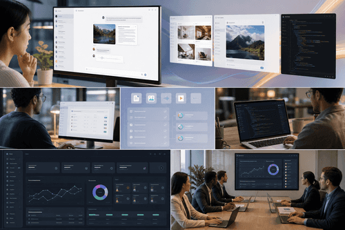 MiMo Desktop shows a model picker, prompt editor, multimodal input panes, and execution logs with token usage; an API console displays request templates, responses, and cache‑hit indicators for scheduled batch jobs.