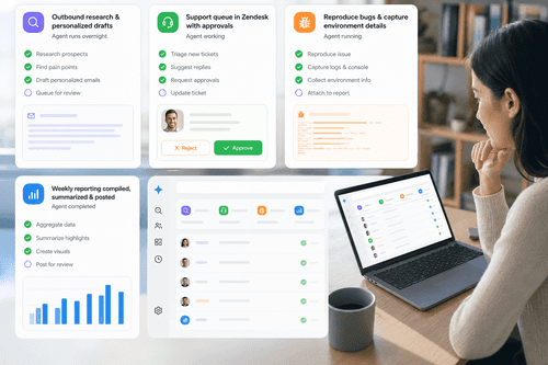 Desktop thread showing multiple Bots handing off tasks, routine playback controls, approval prompts, and a live session pane executing actions inside connected web apps and Zendesk.