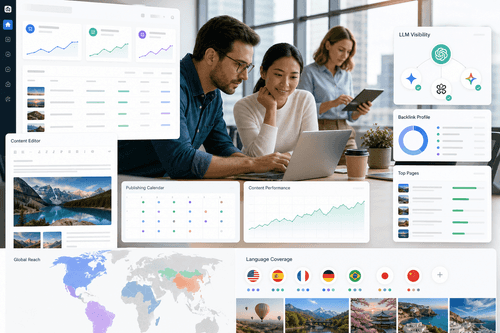 Espacio de trabajo de AutoSEO mostrando un plan de contenido de 30 días, vista previa de borrador de artículo, sugerencias de enlaces internos y estado de la canalización de backlinks, con configuración de idioma y temas prioritarios para descubrimiento en ChatGPT, Perplexity y Google.