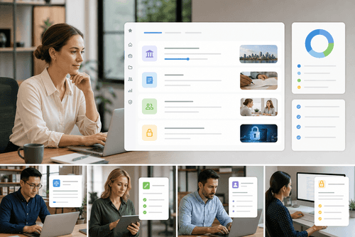 Client dashboard showing fixed-fee quote, accepted engagement, scheduled consultation, and document pack with tracked changes and e-signature status, plus membership credits remaining for upcoming projects and template library access.
