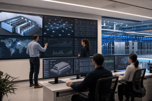 High‑level layout showing tenant racks, liquid‑cooled GPU pods, AXON L2 virtual circuits, cloud on‑ramp cross‑connects, redundant power feeds, and ONEDC portal workflows for ordering services, monitoring capacity, and scheduling remote hands.