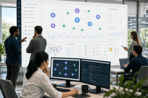Tableau de bord affichant un graphe de workflow multi-agent, des flux d’appels d’outils en temps réel, le comptage des tokens par requête, les journaux de complétion et le statut de déploiement, avec des agents issus de la marketplace versionnés et promus de la simulation à la production sous contrôle de conformité entreprise.