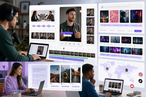 Storyboard and timeline editor showing auto-generated script, voice track, captions, brand presets, and connected TikTok and YouTube accounts with one‑click publish and scheduled slots across multiple aspect ratios.