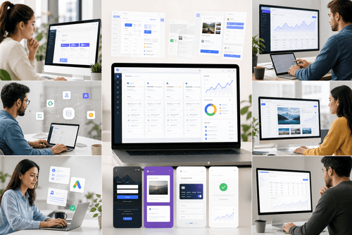 Unified workspace showing chat with agents, a canvas-based editor, schema and auth panels, deployment status, SEO automation, and credit usage, with a GitHub sync switch enabling continuous export and review.