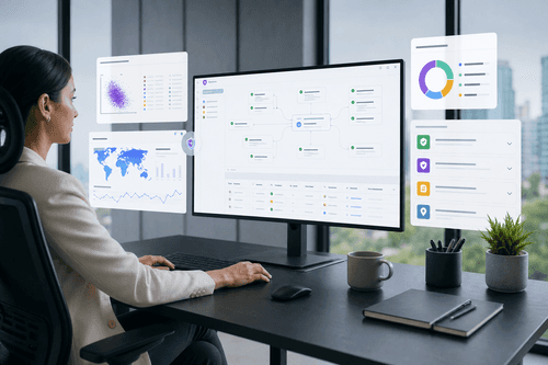 Vista de la consola y la arquitectura con conectores de fuentes, procesos de calidad de datos, capas de enriquecimiento y conjuntos de datos gobernados que utilizan los servicios de entrenamiento e inferencia.