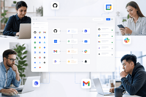 A workflow canvas with authenticated steps, API actions, and custom code, alongside an AI agent pane invoking MCP tools and showing step logs, outputs, and metrics for each execution.
