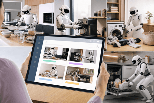 Memo clears a cluttered dining table, recognizes glassware and utensils, then loads a dishwasher. Dual arms, compliant control, and a low center of gravity enable safe, precise manipulation in a real family kitchen.
