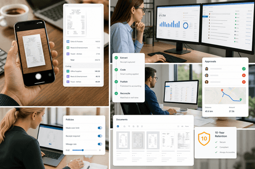 Inbox of captured receipts with extracted fields, approval status, and sync state, alongside a document viewer showing supplier, totals, tax, and coding suggestions ready to publish to Xero or QuickBooks Online.