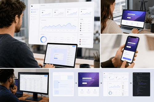 The V0 interface shows a prompt panel, generated components list, live preview canvas, and deployment status, plus GitHub sync controls for branching, reviews, and publishing updates to Vercel within seconds.