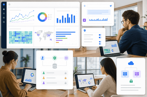 A white‑labeled dashboard embedded in a React view sits beside a conversational analytics panel; backend services enforce JWT roles, row‑level permissions, and audit logging across a multi‑tenant SaaS deployment.