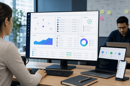 Captura del plano de control que muestra un editor de políticas, la asignación de identidades combinadas, la actividad de emisión de tokens y un registro de acceso correlacionado entre nubes y clientes MCP.