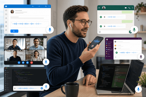 Desktop push‑to‑talk overlay with mode selector, persistent vocabulary, and clipboard auto‑paste. Meeting recorder and file uploader sit alongside shortcuts and Super Mode controls for adapting output to the active screen.